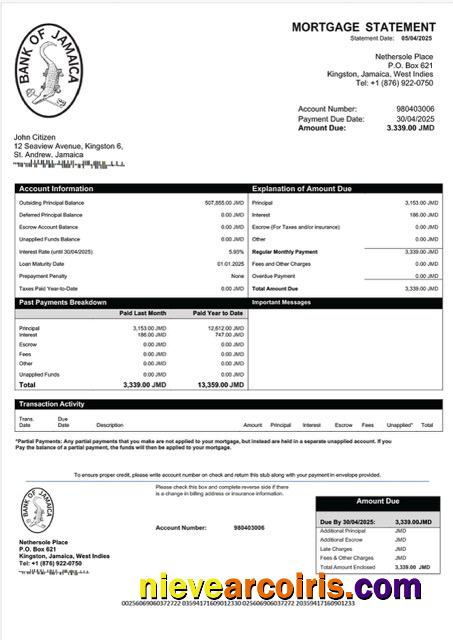 Jamaica Bank of Jamaica mortgage statement Word and PDF template
